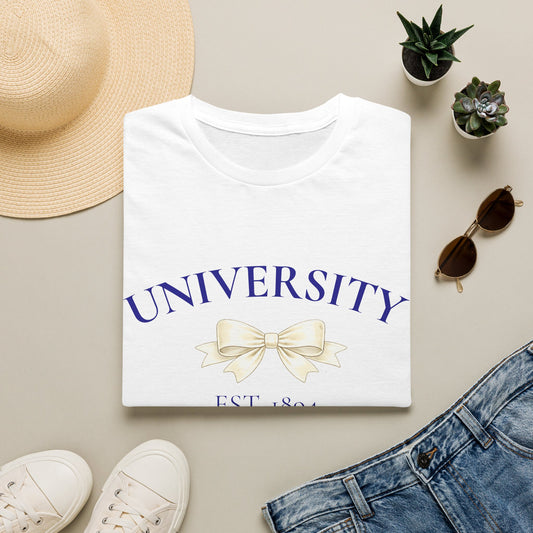 Customizable University (School) Bow T-Shirt | Vintage Collegiate Tee with Ribbon Accent