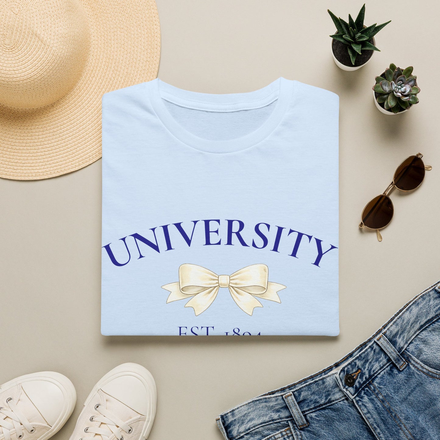 Customizable University (School) Bow T-Shirt | Vintage Collegiate Tee with Ribbon Accent