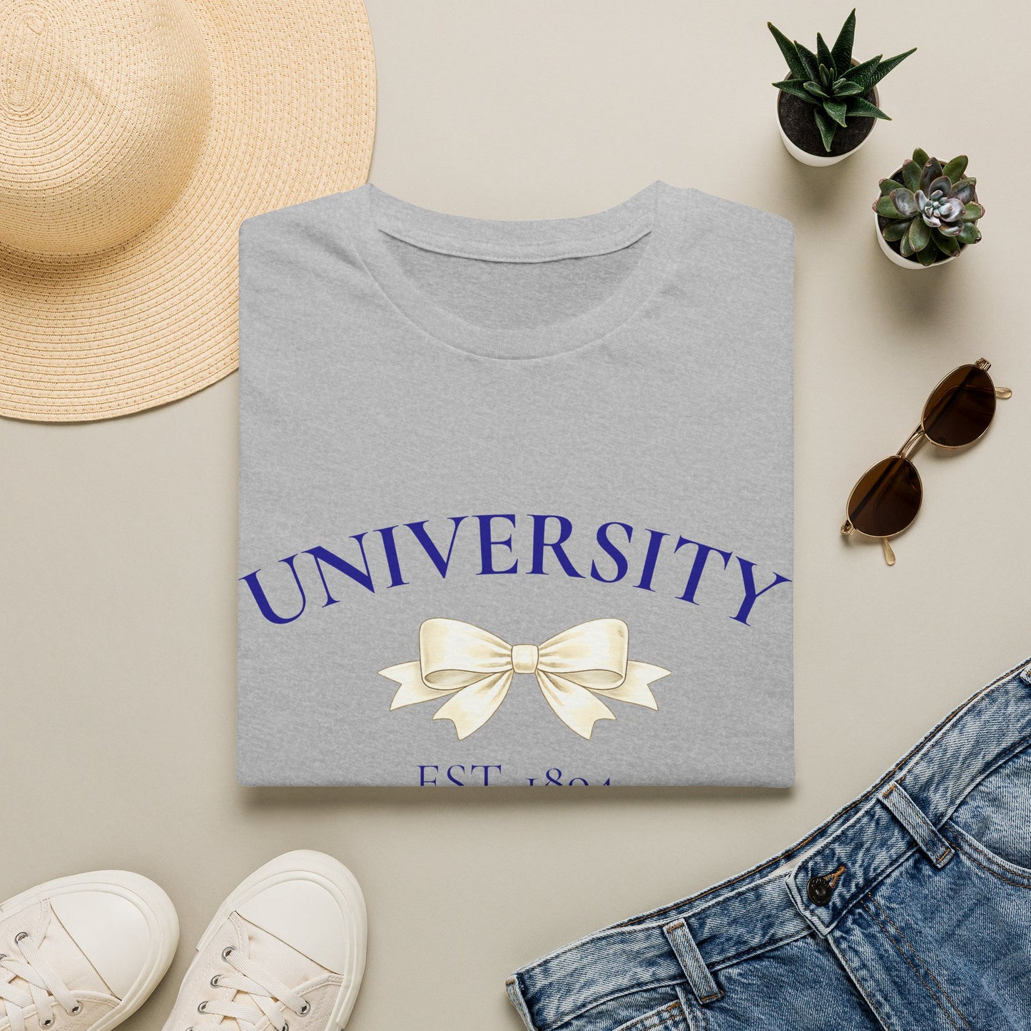 Customizable University (School) Bow T-Shirt | Vintage Collegiate Tee with Ribbon Accent