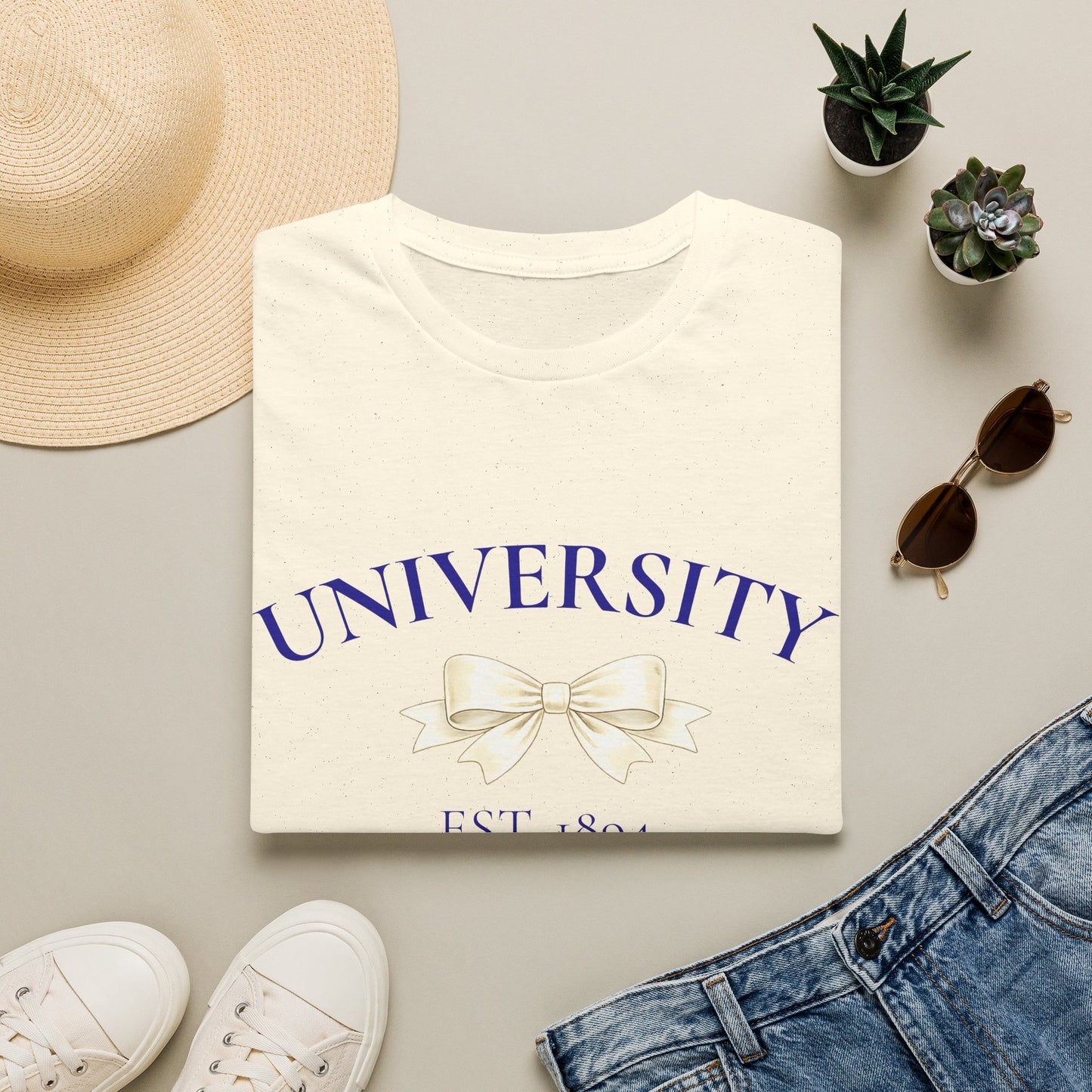 Customizable University (School) Bow T-Shirt | Vintage Collegiate Tee with Ribbon Accent